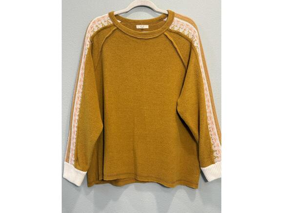 Easel Sweaters - EASEL Boutique Mixed Media Mustard Yellow Pullover Sweater - Women Small